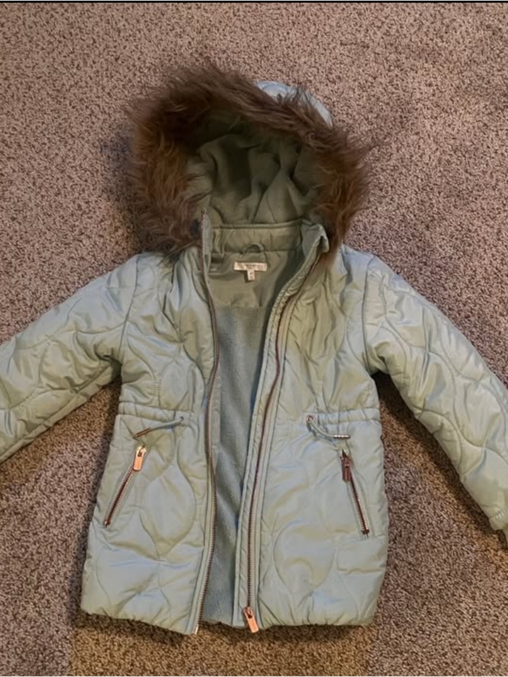 Girls' Light Green Quilted Hooded Winter Coat with Faux Fur Trim